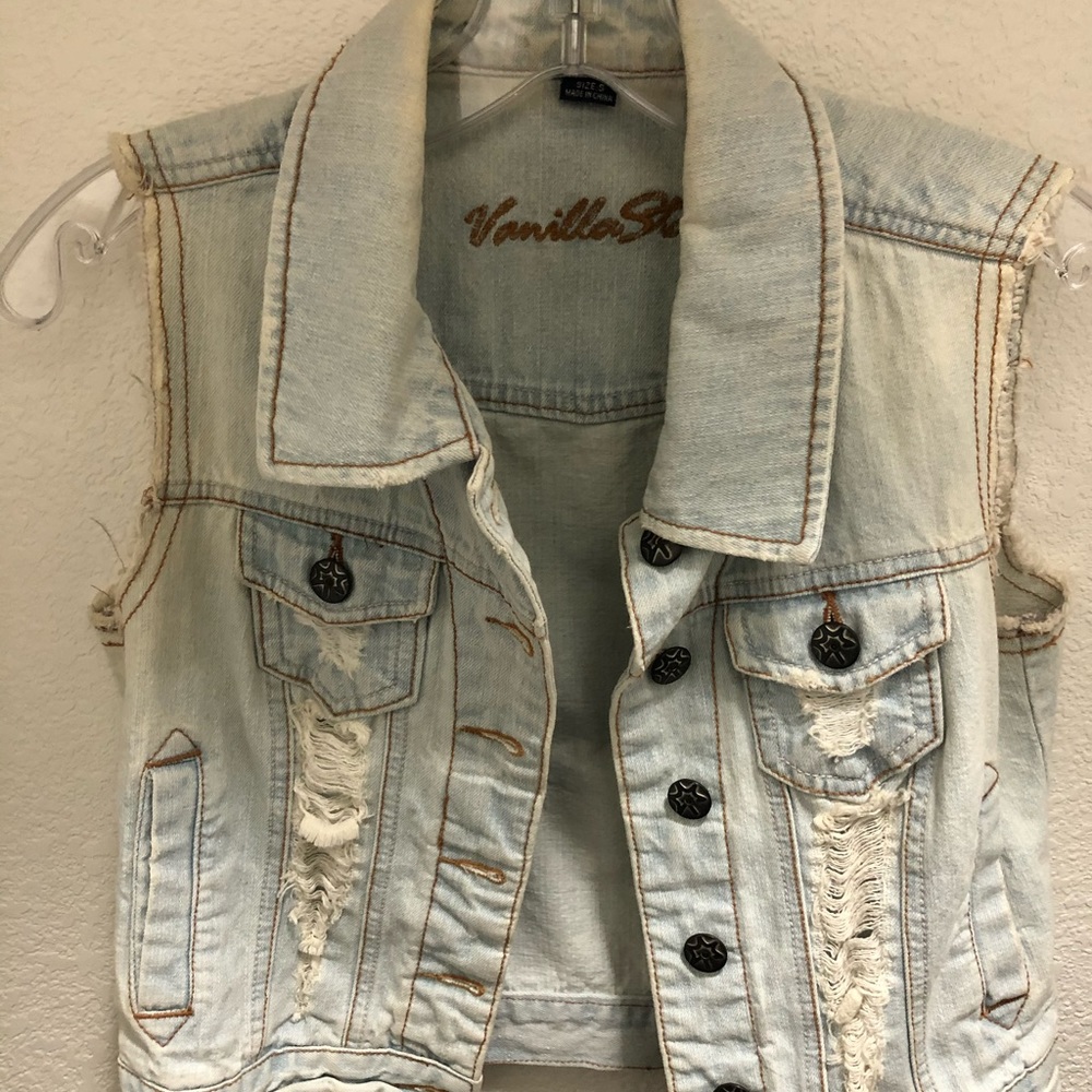 Light Blue Distressed Denim Vest